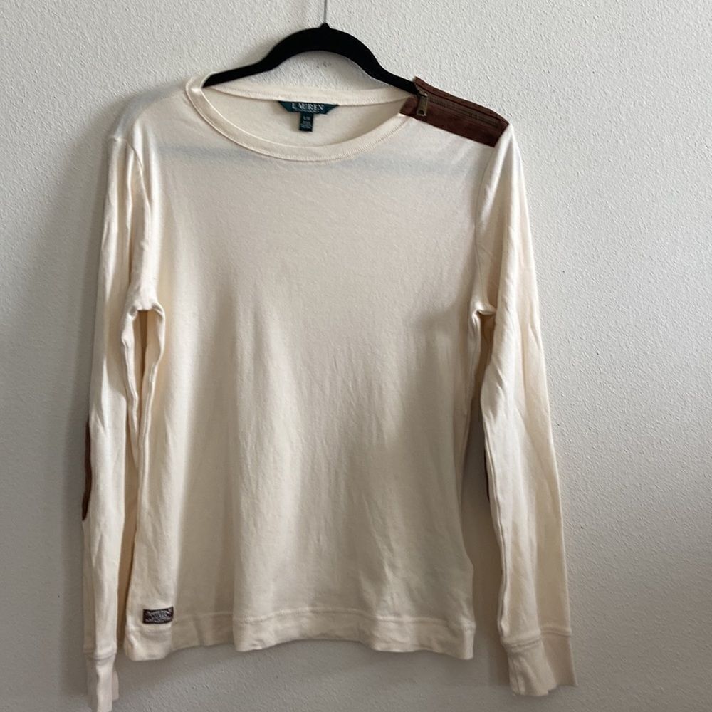 Ralph Lauren Cream Cotton Suede Trim Long Sleeve Zip Shirt Top Womens Large NWOT